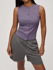 Dark purple ribbed button-front fitted tank top with a crew neck.