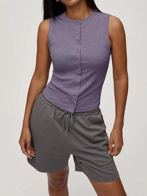 Dark purple ribbed button-front fitted tank top with a crew neck.