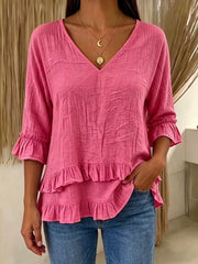 V-neck Ruffle Sleeve Top in White, fabric detail