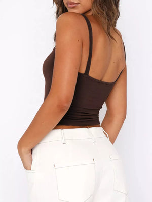 Brown ribbed cami with spaghetti straps, a basic style tank top.