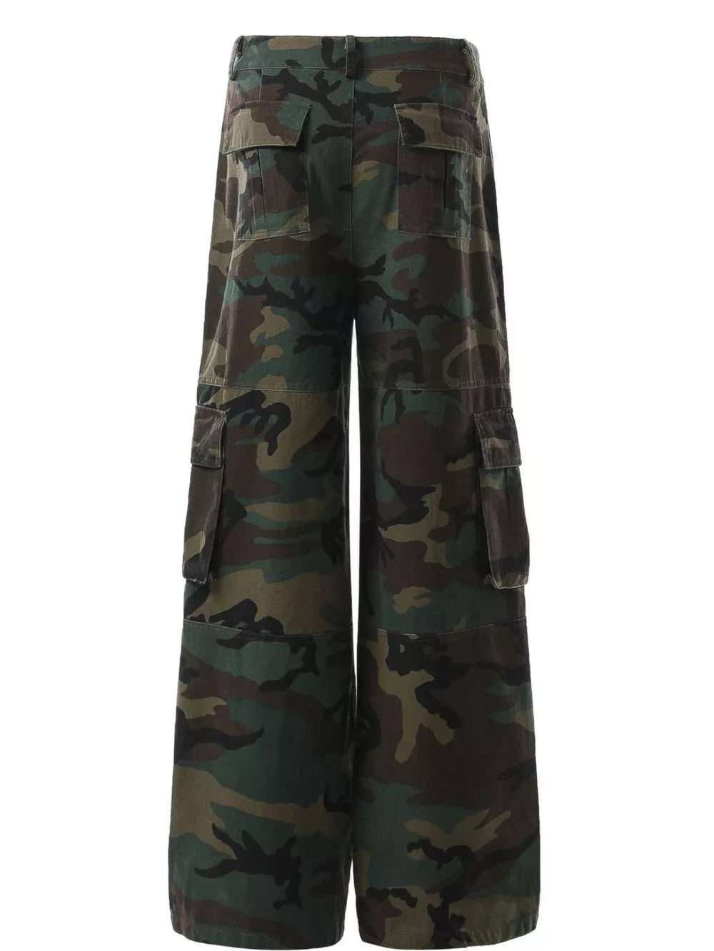 Men's wide leg cargo pants with bold camouflage print and multiple pockets.