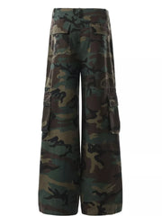 Men's wide leg cargo pants with bold camouflage print and multiple pockets.