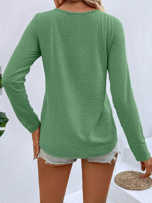 Full Size V-neck Decor Button Long Sleeve T-shirt Plus Size in Red, view 20