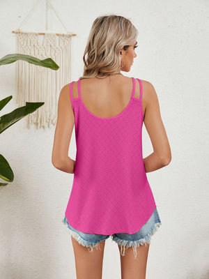 Fuchsia pink eyelet overlay tank top with strappy neckline and curved hem.