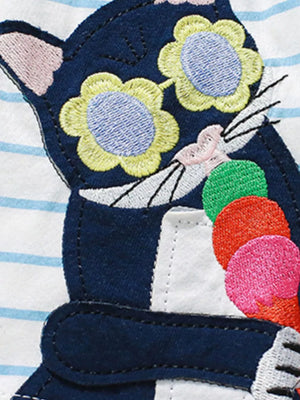 Toddler dress with cartoon cat and ice cream applique on striped cotton fabric