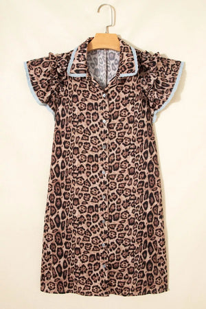 Leopard print cotton mini dress with button front, ruffled short sleeves, and lace trim.