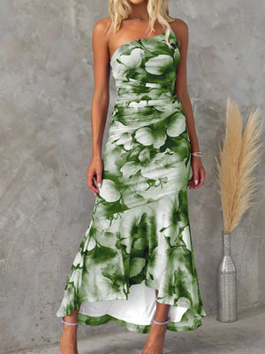 Olive green floral one-shoulder maxi dress with ruched bodice and ruffled hem