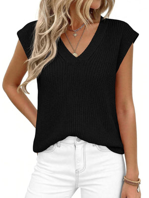 Textured black V-neck sweater vest with cap sleeves.