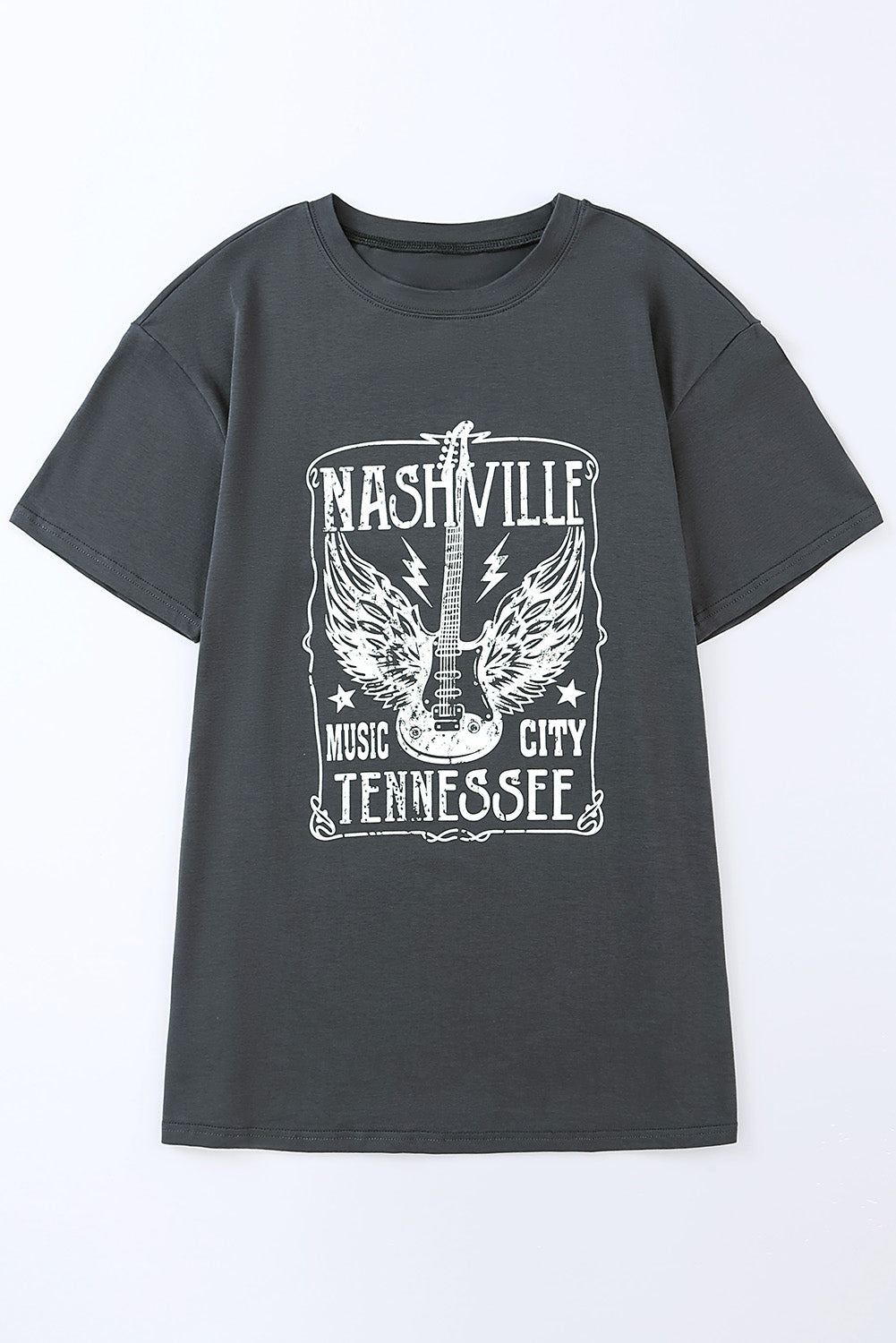 Mid Gray relaxed fit cotton t-shirt with Nashville Music City Tennessee graphic and guitar.