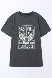 Mid Gray relaxed fit cotton t-shirt with Nashville Music City Tennessee graphic and guitar.