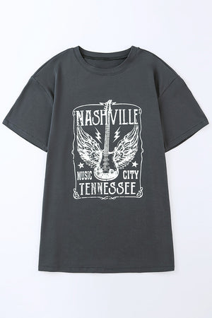Mid Gray relaxed fit cotton t-shirt with Nashville Music City Tennessee graphic and guitar.