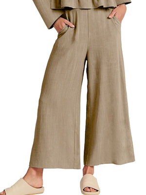 Khaki two-piece set with ruffled hem top and wide-leg pants with pockets.