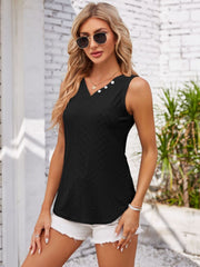 Black eyelet button-down sleeveless V-neck top with white buttons