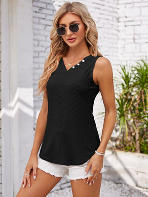Black eyelet button-down sleeveless V-neck top with white buttons