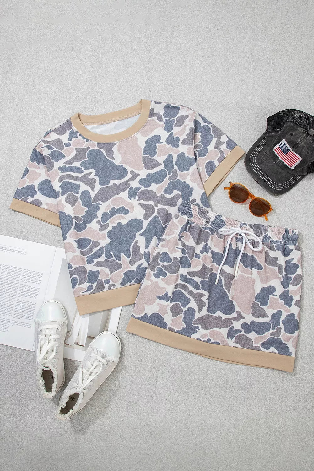 Camouflage Short Sleeve Top And Skirt Set, model styling view
