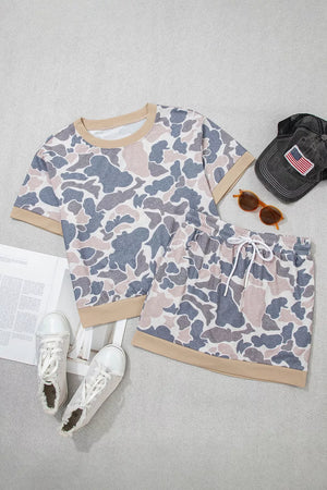 Camouflage Short Sleeve Top And Skirt Set, model styling view