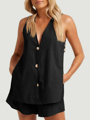 Black linen co-ord set with button front, V-neck, sleeveless top and shorts.