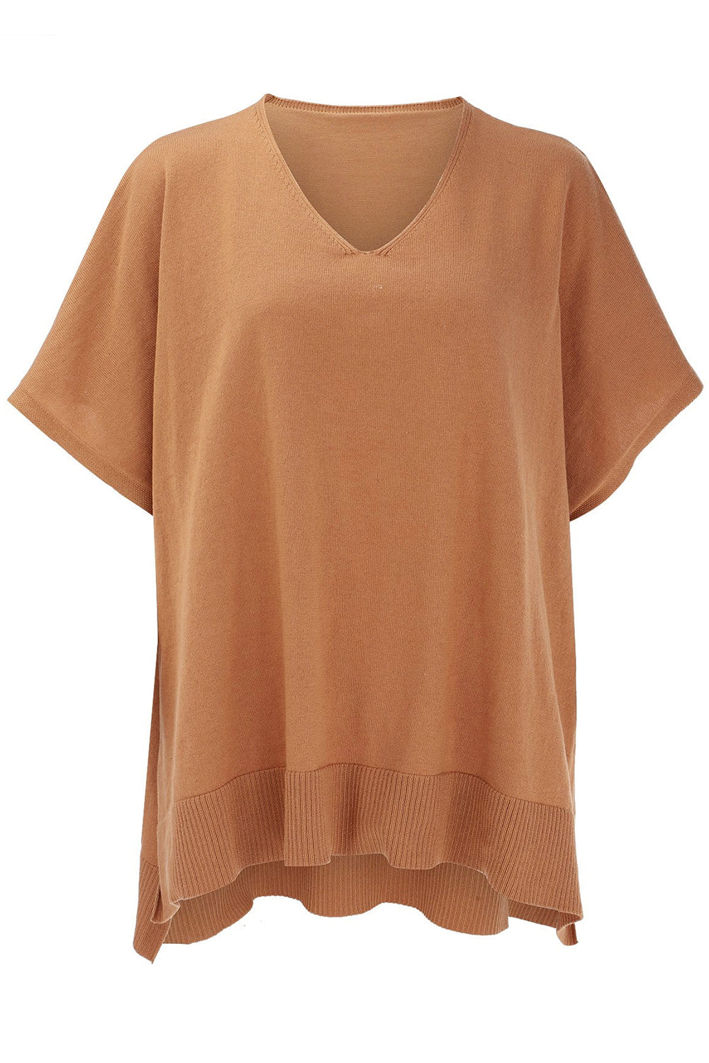 Relaxed V-neck knit poncho top in Caramel with short sleeves and ribbed hem.