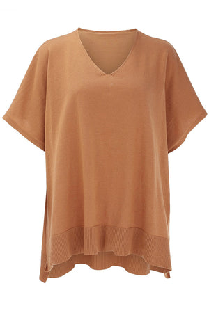 Relaxed V-neck knit poncho top in Caramel with short sleeves and ribbed hem.