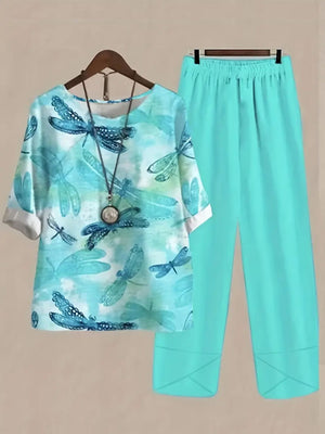 Dragonfly print half sleeve top and Tiffany Blue pants set with round neckline.