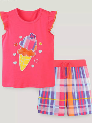 Toddler pink cotton ice cream applique top with ruffled sleeves and plaid shorts.