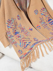 Camel Aztec fringe knit cardigan with colorful geometric pattern and fringe trim.