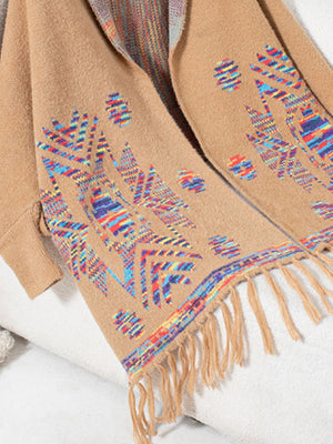 Camel Aztec fringe knit cardigan with colorful geometric pattern and fringe trim.