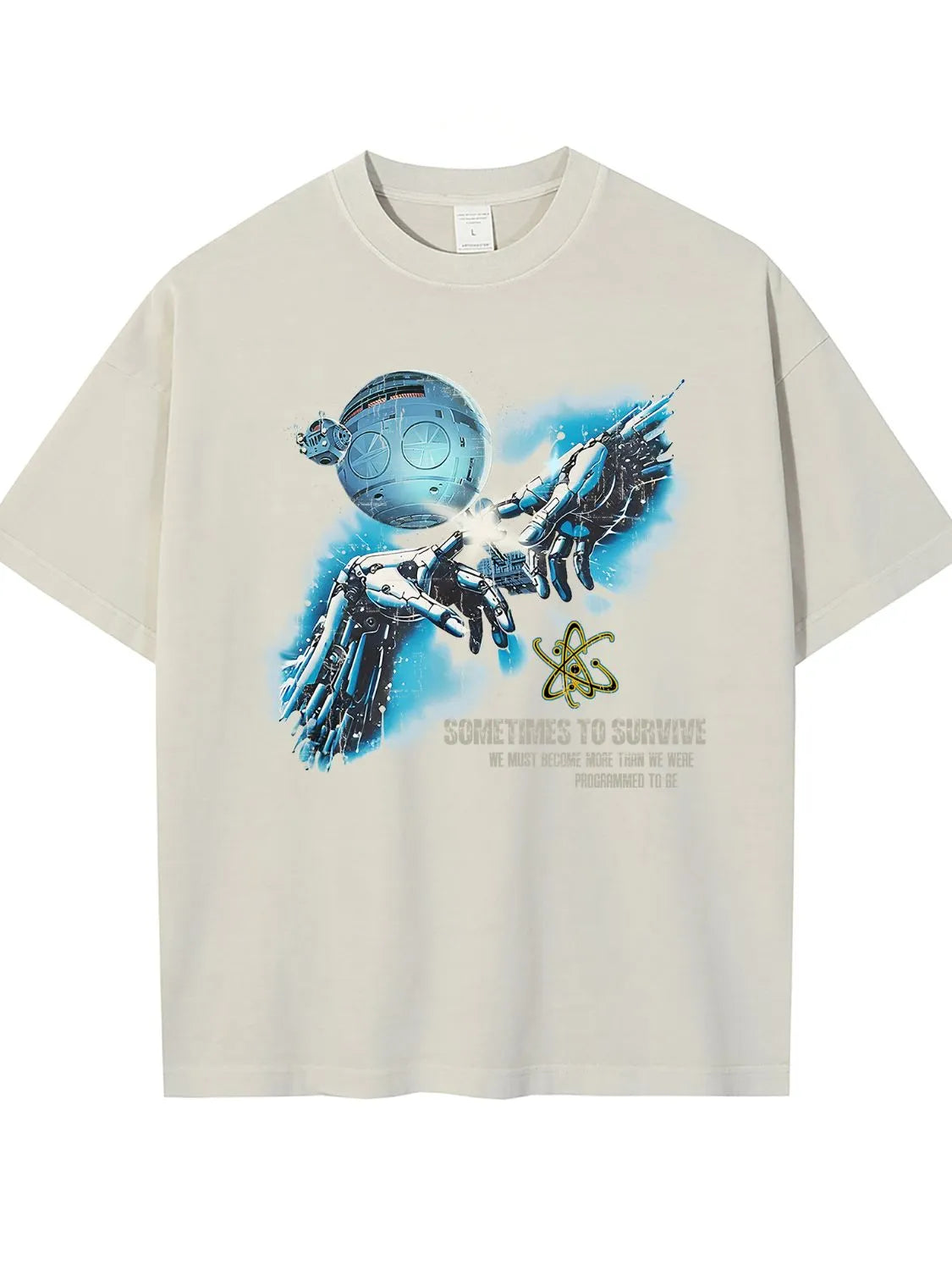 Ivory graphic tee with AI-inspired robot hands reaching, text, and atom symbol.
