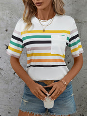 White t-shirt with rainbow stripes and a chest pocket.