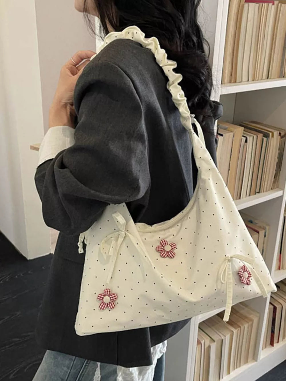 Floral Embellished Shoulder Bag in Cream, back view