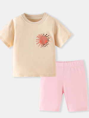 Toddler graphic tee with sun print and pink biker shorts set
