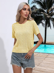 Light yellow cable knit crew neck short sleeve sweater top
