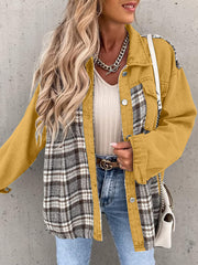 Panelled plaid denim hybrid jacket in camel with button front and long sleeves.