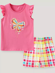 Toddler pink cotton set with butterfly embroidery and ruffled sleeves, paired with plaid shorts.