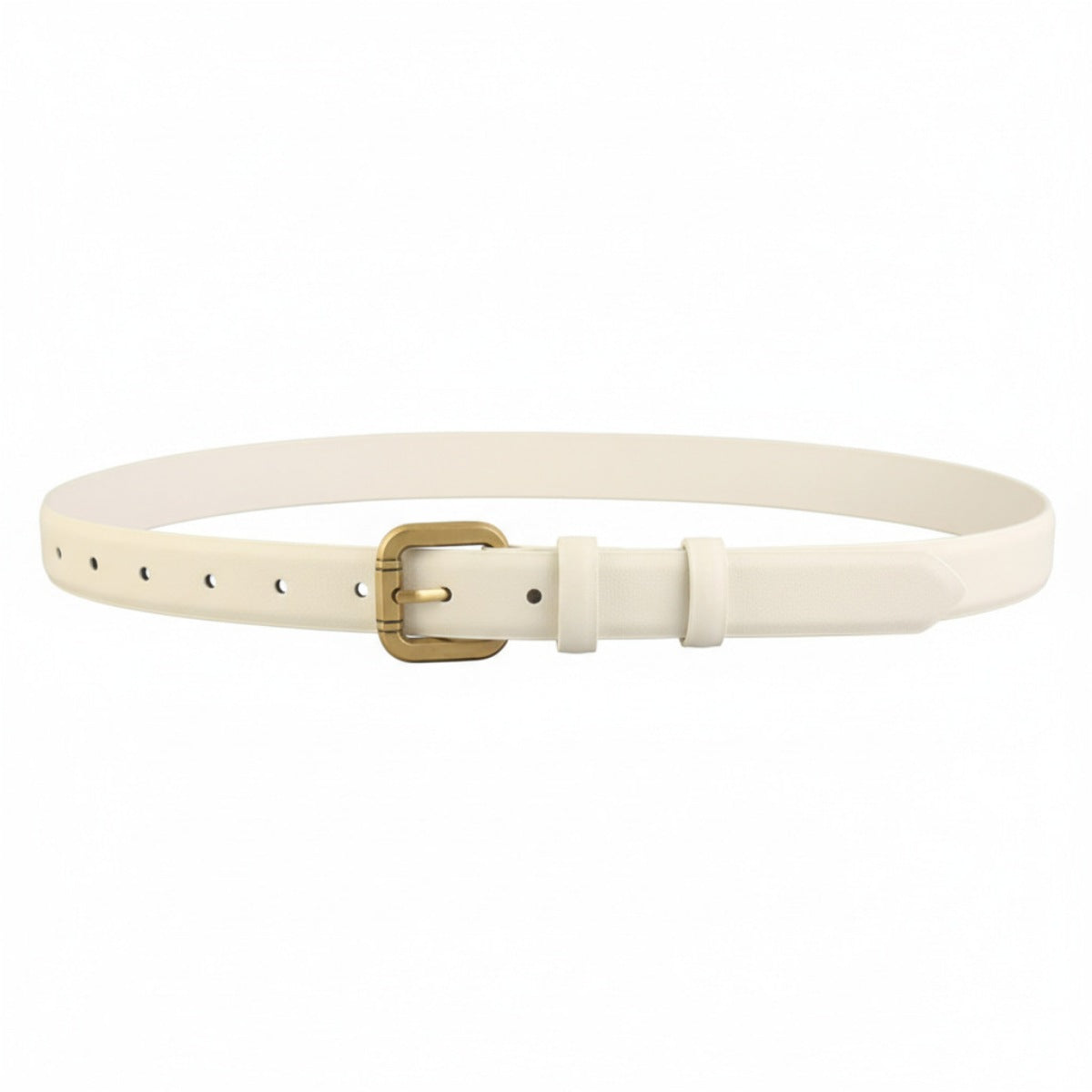 Ivory cowhide leather belt with golden buckle and multiple holes.