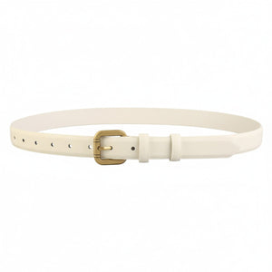 Ivory cowhide leather belt with golden buckle and multiple holes.
