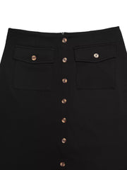 Black button-front midi skirt with two chest pockets and gold-tone buttons.