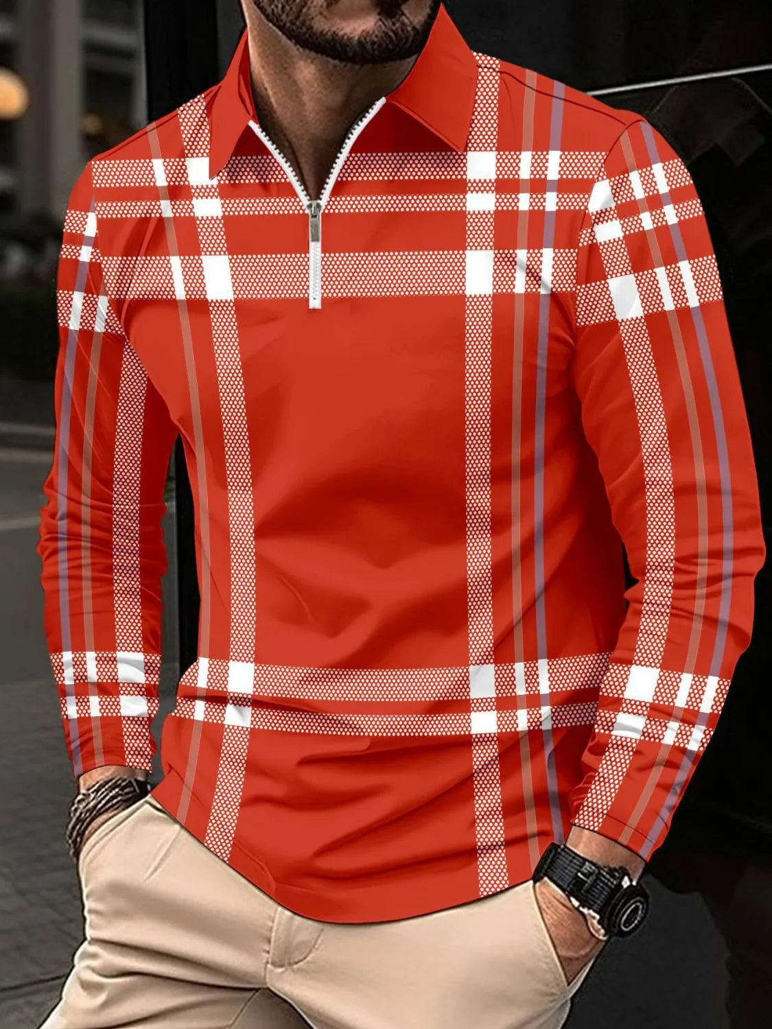 Red plaid zip polo shirt with long sleeves and a white zipper.