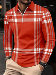 Red plaid zip polo shirt with long sleeves and a white zipper.