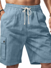 Light blue casual drawstring cargo shorts with textured fabric and a button pocket.