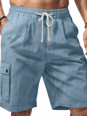 Light blue casual drawstring cargo shorts with textured fabric and a button pocket.
