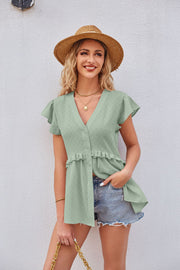 Light Green Flutter Sleeve Peplum Blouse with Ruffle Detail