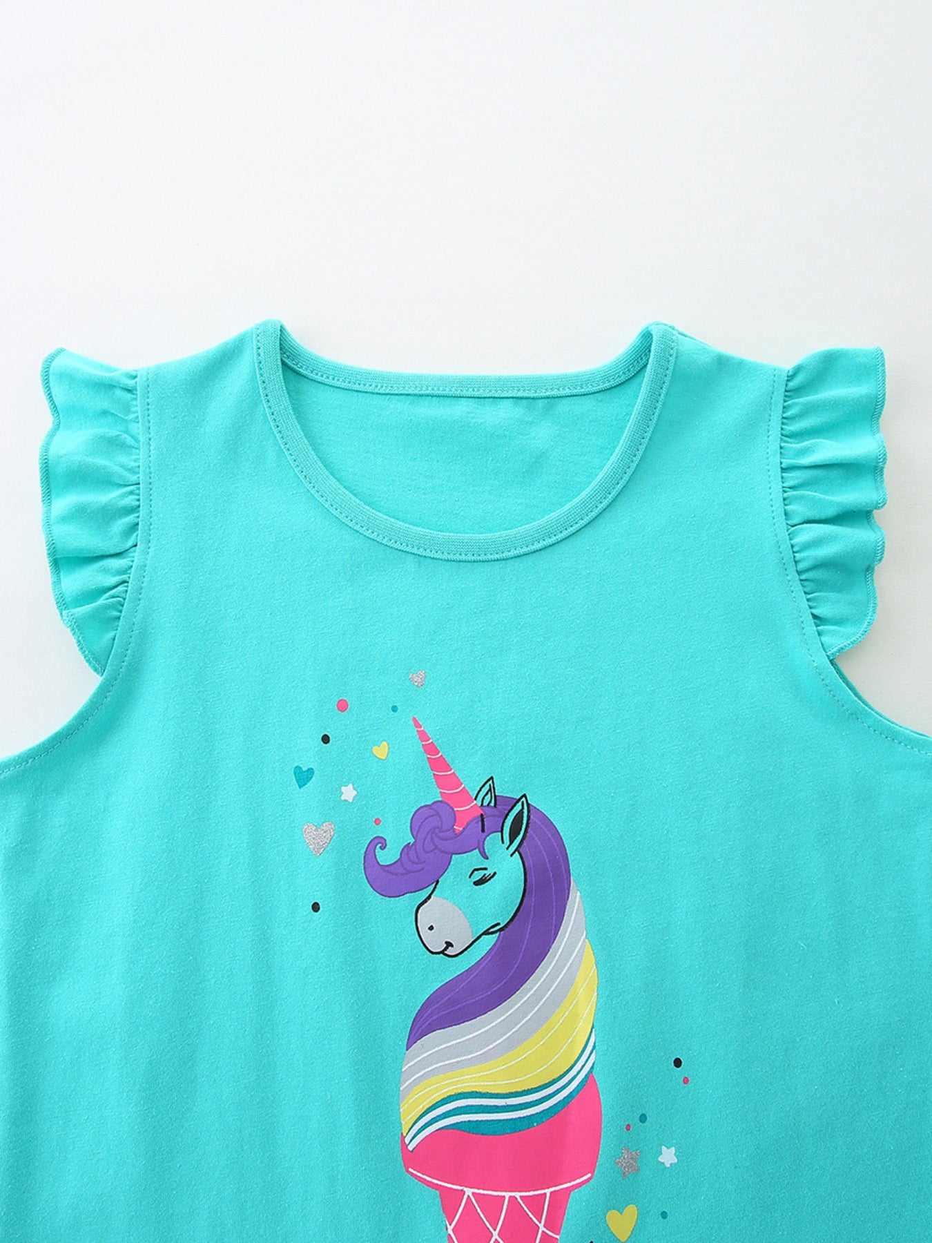 Aqua cotton toddler sleep shirt with ruffled sleeves and a colorful unicorn ice cream cone print.