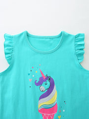 Aqua cotton toddler sleep shirt with ruffled sleeves and a colorful unicorn ice cream cone print.