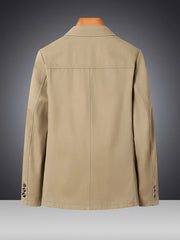 Khaki cotton lapel blazer for men, buttoned cuffs, basic style.
