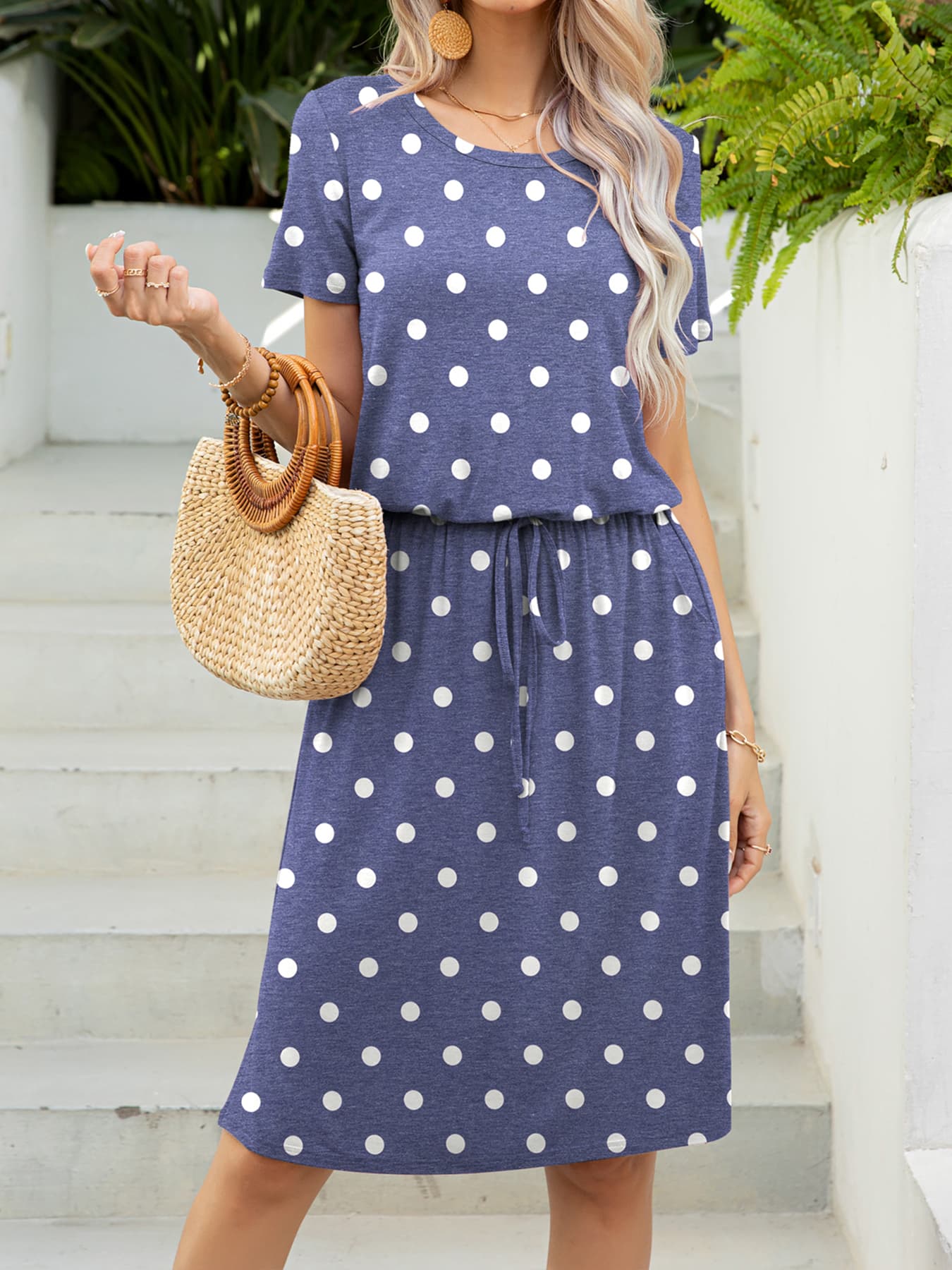 Dusty Blue/Dot polka dot midi dress with drawstring waist and short sleeves.