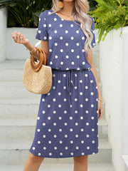 Dusty Blue/Dot polka dot midi dress with drawstring waist and short sleeves.
