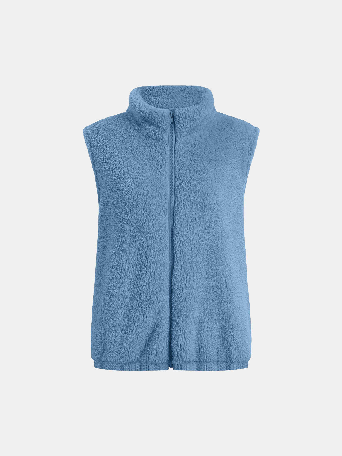 Blue teddy fleece stand-collar vest with zipper closure