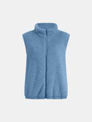 Blue teddy fleece stand-collar vest with zipper closure