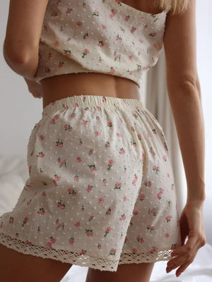 Floral lace trim cami and shorts set with pink roses and textured dots.
